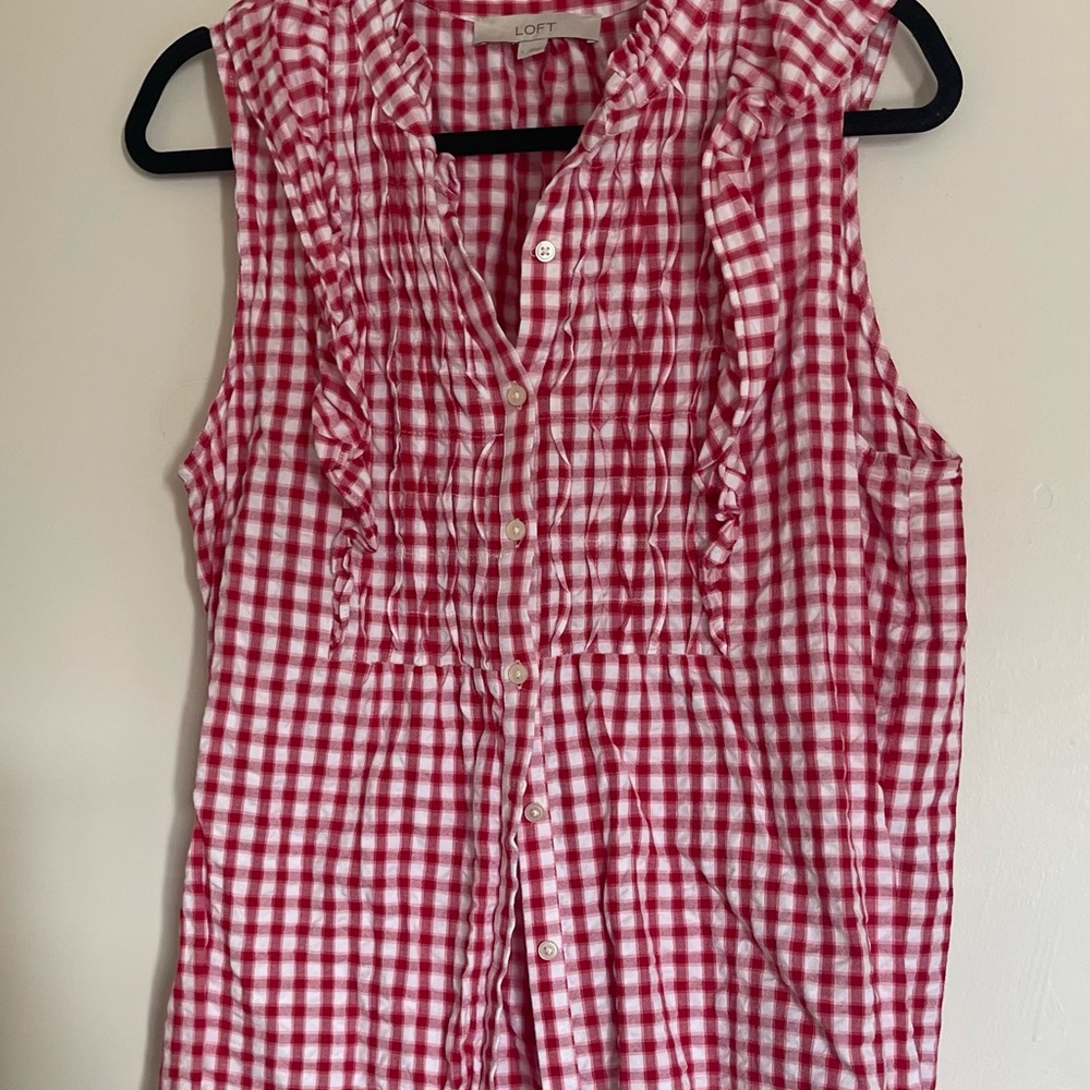 LOFT Red Ruffled Bib Collar Blouse